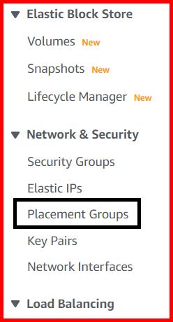 Picture showing the Placement Groups menu in EC2 dashboard